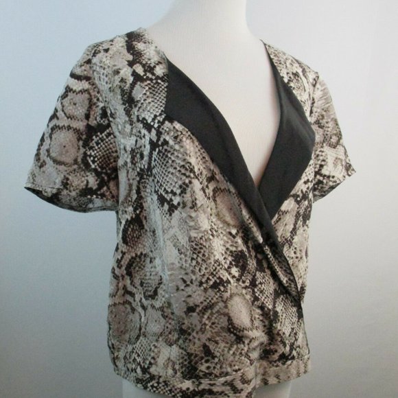 BCBGMAXAZRIA Multi-Color Python Snake Print Faux Wrap Short Sleeve Shirt - Picture 3 of 8